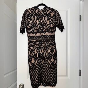 Just Me Black Lace Overlay Nude Midi Dress